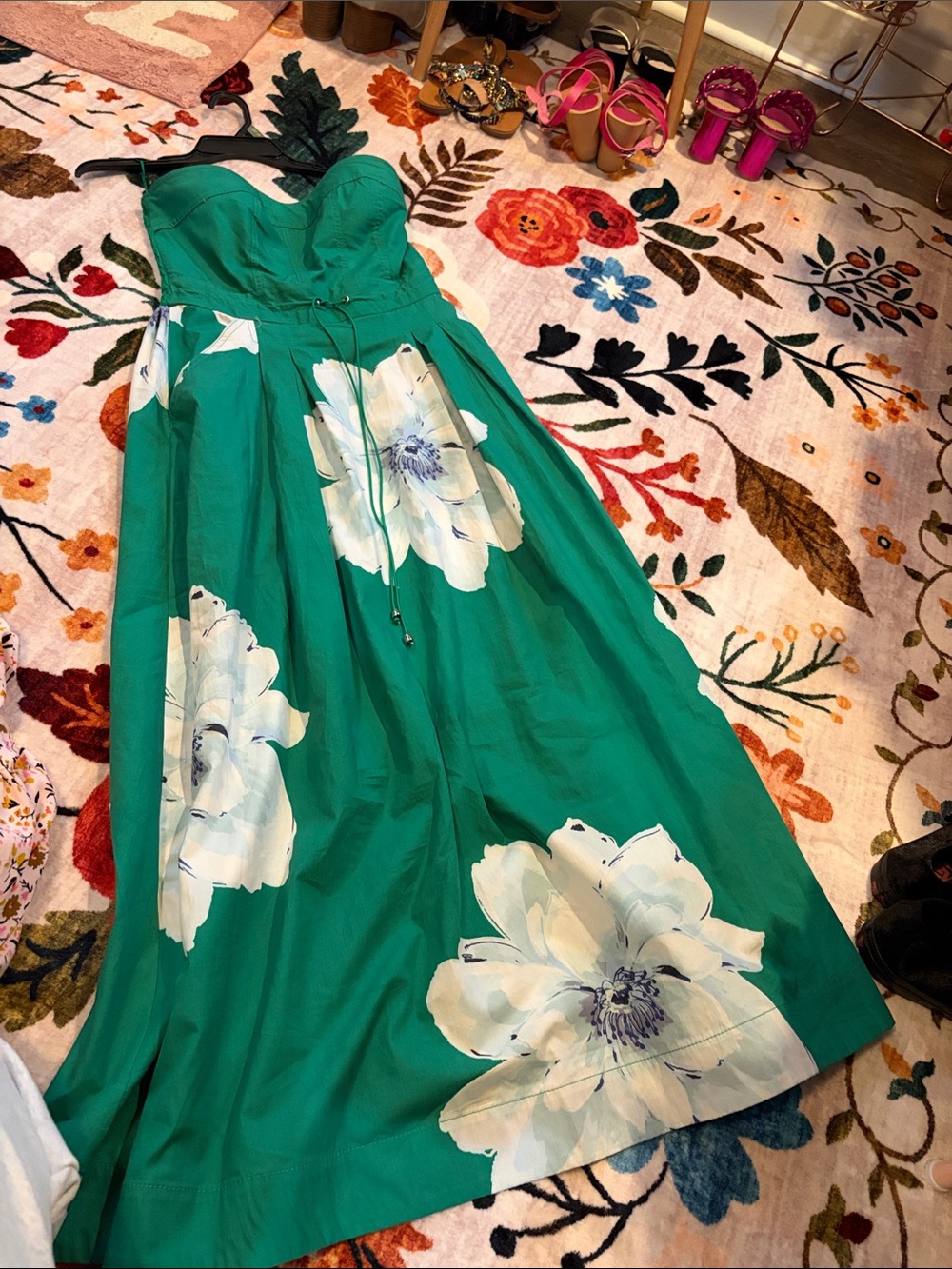 Anthropologie Emerald Green Strapless Maxi with White Floral Print